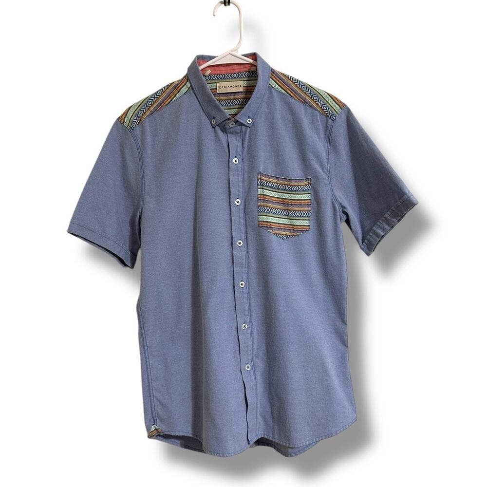 7 Diamonds Blue Button Down Shirt with Vibrant midwestern boho patch design